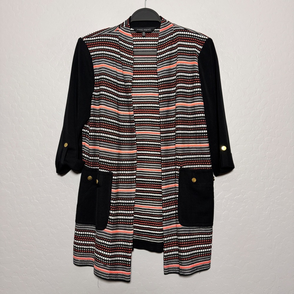 Ming Wang Medium Striped Kimono Style Cardigan 3/4 Sleeve Open Front Pockets